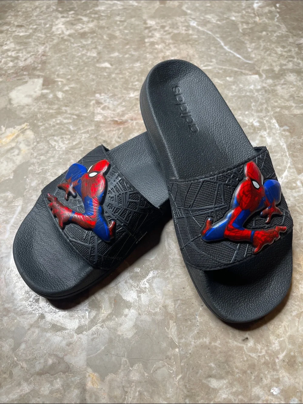 adidas Black Kids Spider-Man Slide Sandals with Red & Blue Accents